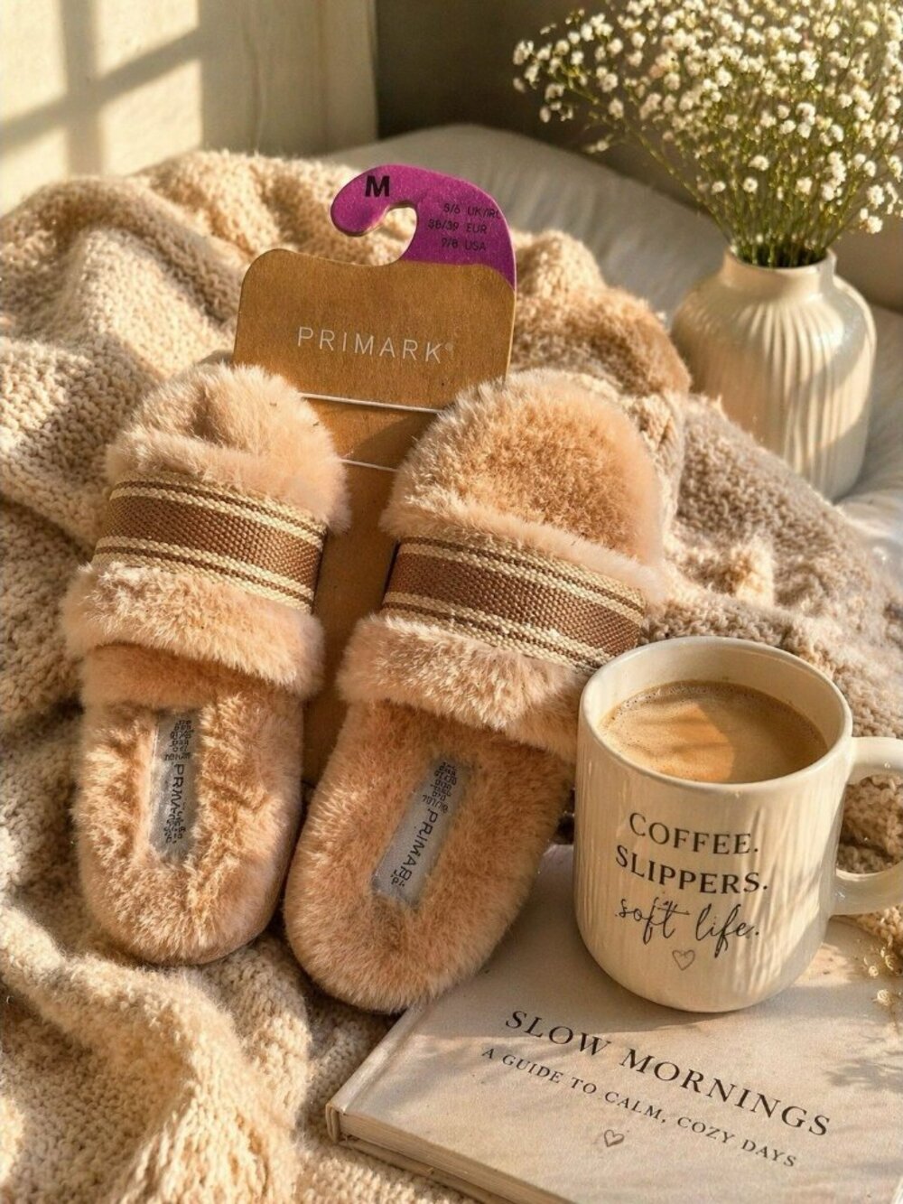 Primark Fuzzy Slide Slippers Beige Plush Faux Fur Sandals Size M 7 8